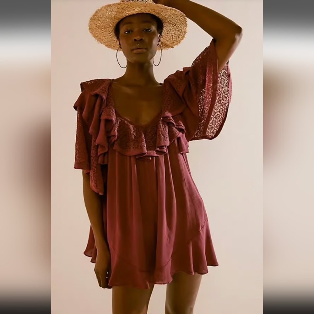 Free People Burgundy Ruffle Lace Romper